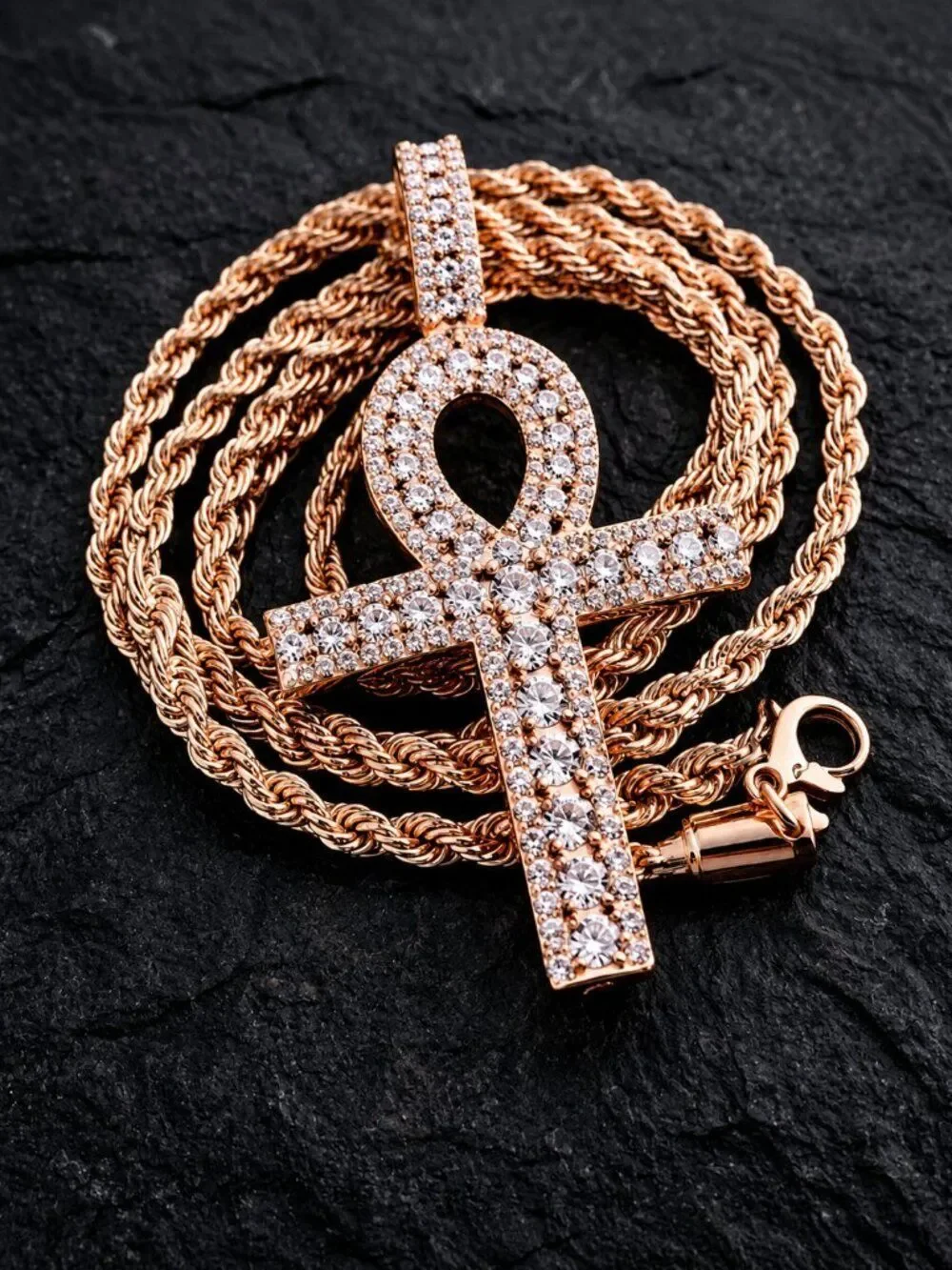 Rose Gold Channel Set Ankh Necklace